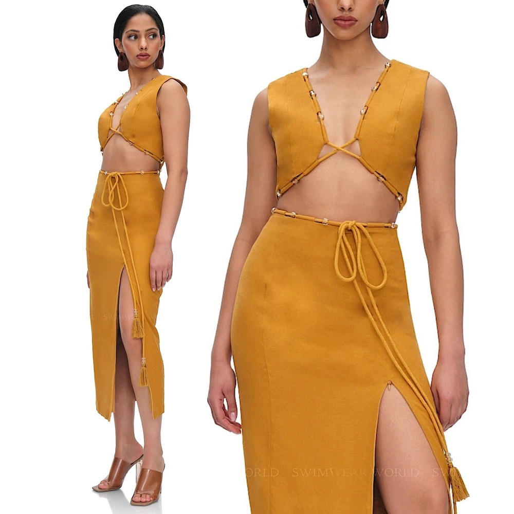 NWT Andrea Iyamah Vela Mustard Yellow Linen Beaded Rope Cutout Midi Dress Small
